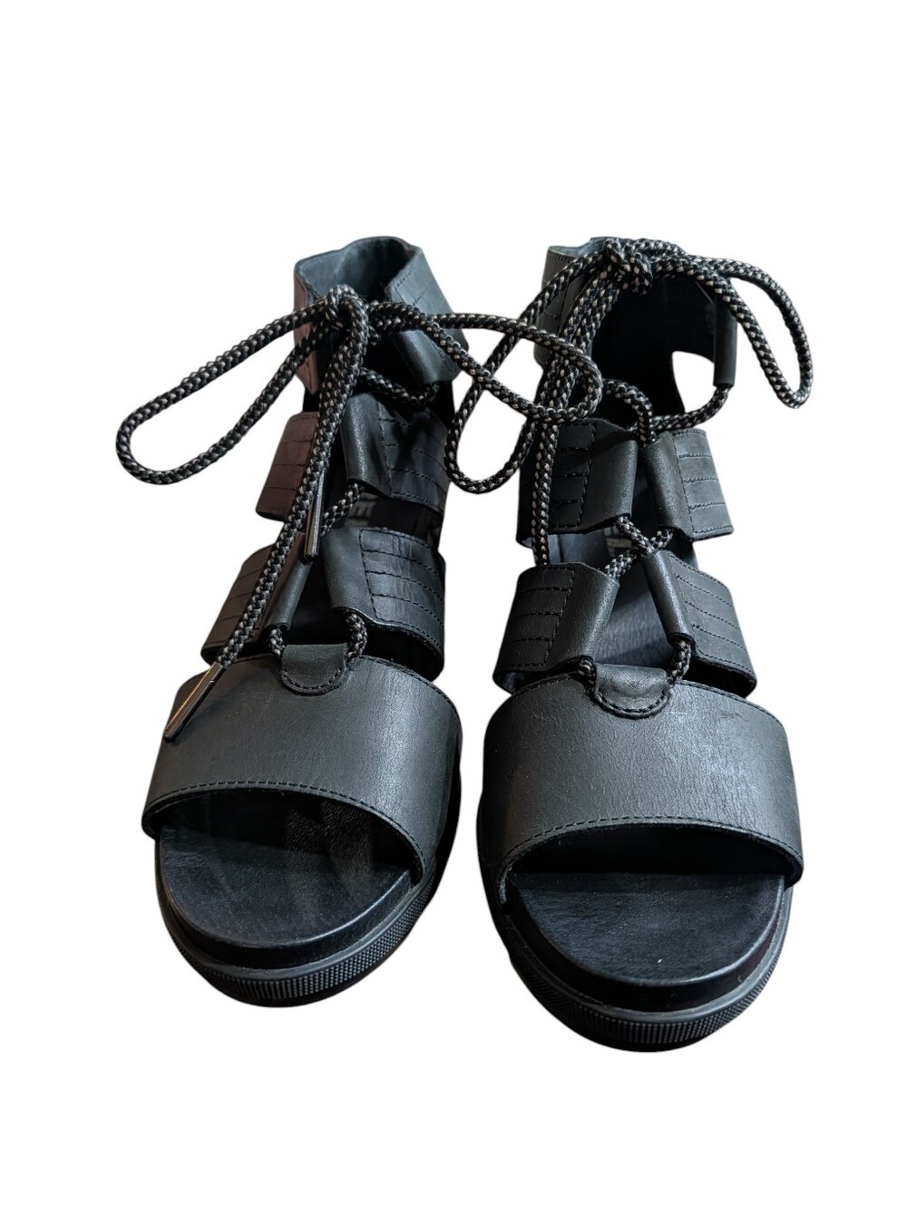 Sorel Joanie Lace Wedge Sandals Black Leather Hidden Wedge Gladiator Size 10.5 - Picture 3 of 10